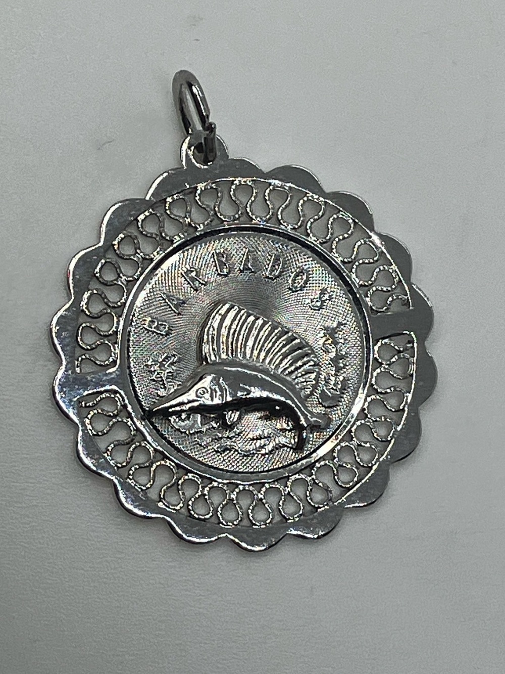 Vtg 925 Sterling Silver Vintage Barbados Sailfish Coin Medallion Filigree Charm